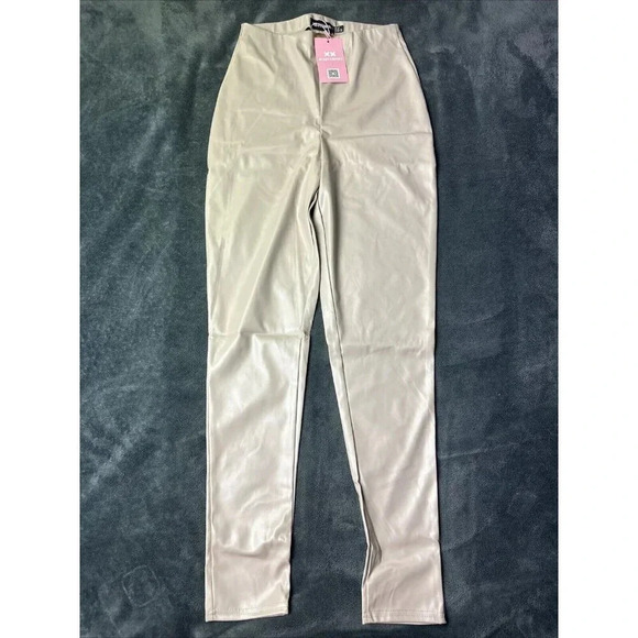 Missy Empire high waist leather look legging in ecru Stone Women’s Size US 8 New - Picture 6 of 16
